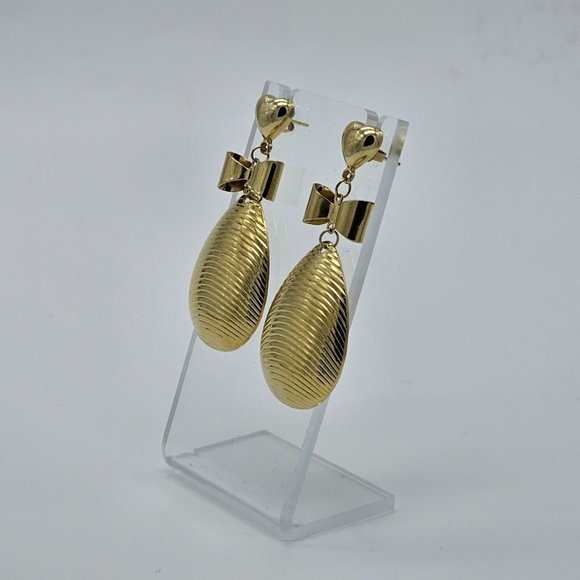 Gold Tone Heart Bow Dangle Teardrop Earrings 2" Drop Super Cute F15 - Picture 6 of 6